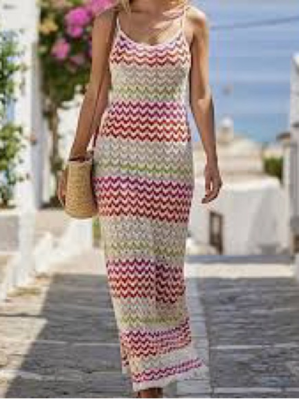 Rachel Zoe Summer Crochet Maxi Dress - White with Multicolor Chevron